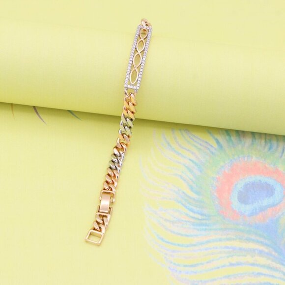 "Dual Tone Rose Gold+Silver Chain Bracelet with Crystal Accents, XPBL0842 - Picture 5 of 13